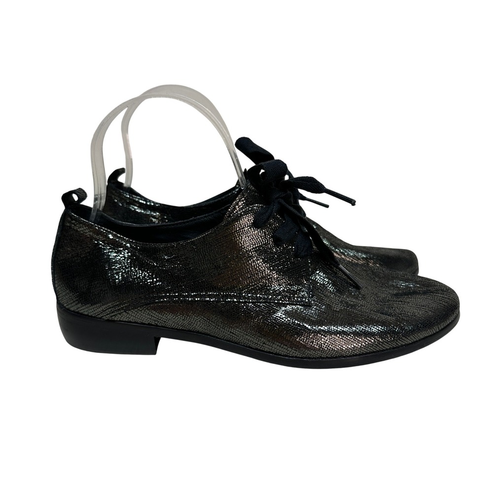 LIKE NEW Homer's Artisan Black Metallic Lace Up Oxford Flats Womens 37.5‎ Spain